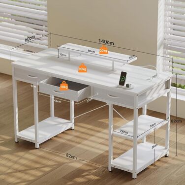 Комп'ютерний стіл Claiks з 3 шухлядами та полицею, 140 x 60 см, білий