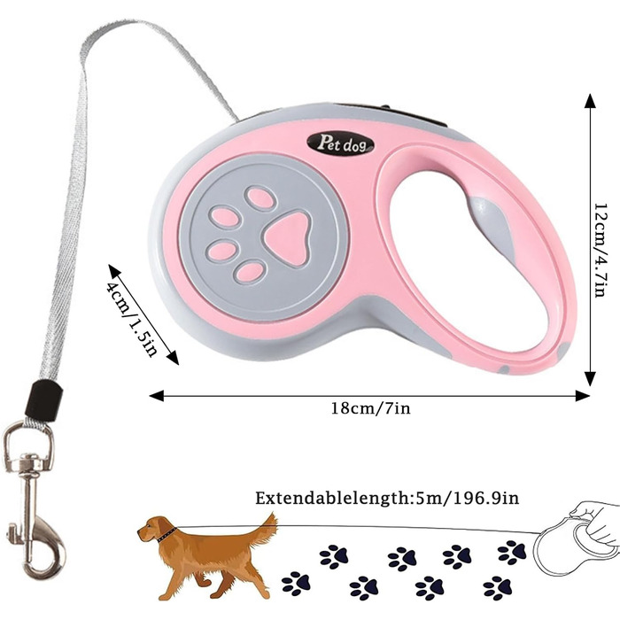 Висувна поводок для собак, 5 м, тренувальний поводок з міцної нейлонової стрічки, стопор з блокуванням та паузою, замок для собак маленьких та середніх порід (Рожевий)