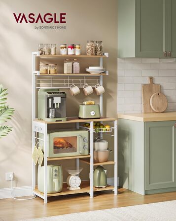 Полиця кухонна VASAGLE з розетками, стелаж для мікрохвильовки, 8 гачків S-подібної форми, кухонний шафчик, органайзер для спецій, 40 x 90 x 165,5 см, коричневий вінтаж та чорний, KKS031K11