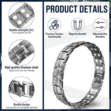 Браслет на магніті для чоловіків Jadive: титановий браслет з дворядними магнітами, регульований розмір, інструмент та сумка, чорний, повністю магнітний