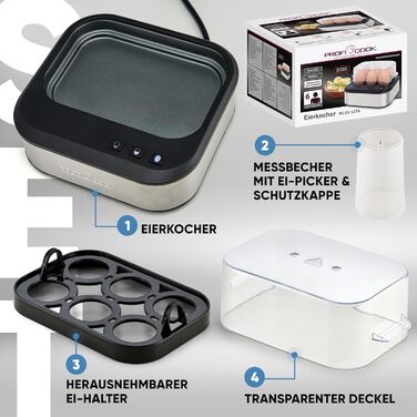 Електричний яйцеварка ProfiCook PC-EK 1276: 6 яєць, 3 ступені нагріву (м'який/середній/твердий), нержавіюча сталь