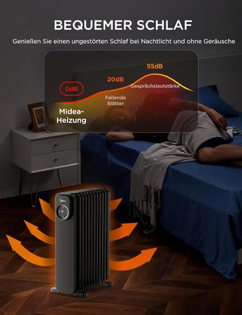 Електричний масляний радіатор Midea 2000W з 9 ребрами, термостатом та захистом від перегріву, тихий нагрівач для дому та офісу, чорний