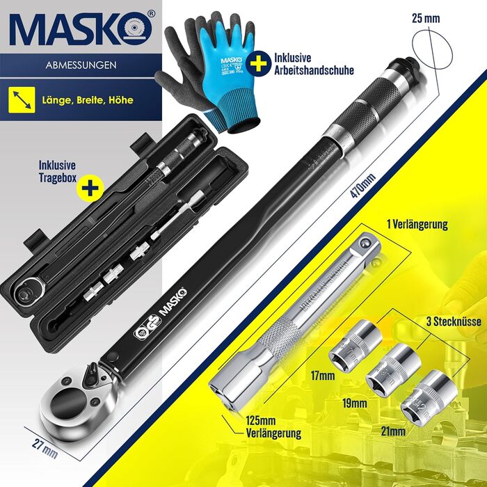 Набір динамометричних ключів MASKO 6 шт, 40-210 Нм, 1/2'' з насадками 17/19/21 мм, подовжувачем 125 мм, рукавицями, кейсом, для авто, чорний