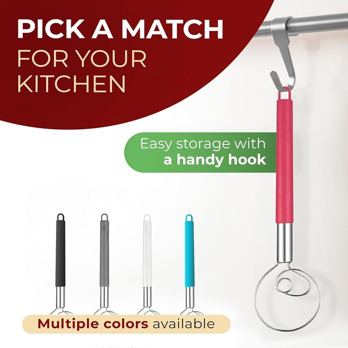 ORBLUE Тістоміс датського типу з силіконовою ручкою, вінчик для збивання з нержавіючої сталі, червоний, чорний