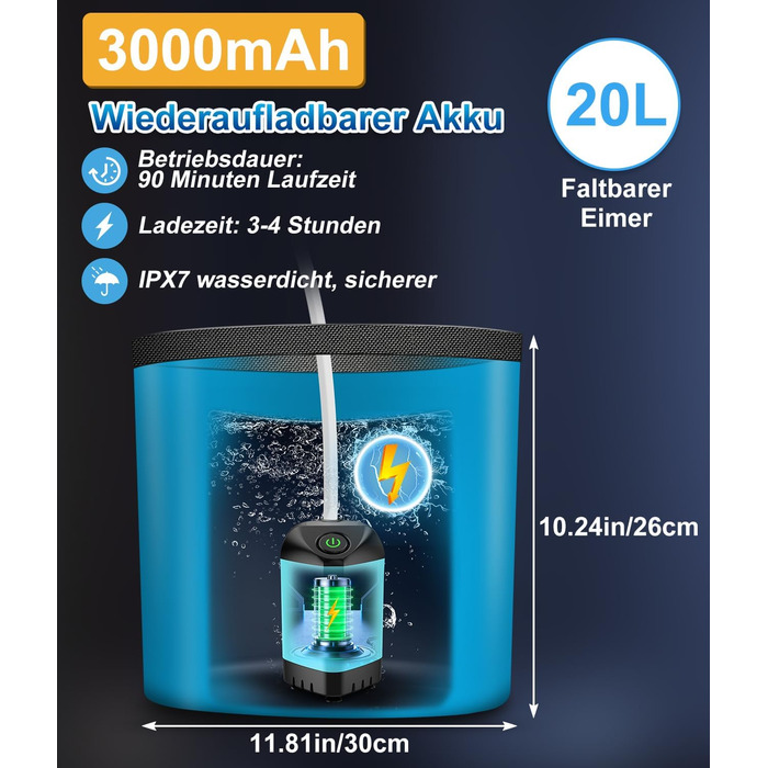 WADEO Portable Camping Shower Battery with Pump and Shower Bucket, Camping Shower with Rechargeable Battery, Mobile Shower Outdoor Showers with Shower Head, for Camping Trips, Garden, Hiking, Car Washing (Blue, with 20L Container)