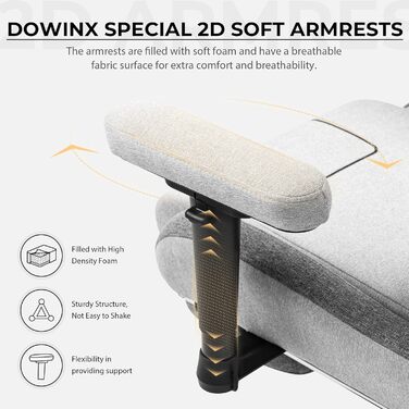 Ігровий крісло Dowinx з тканини, ергономічний геймерський крісло з м'якими підлокітниками, стабільний ігровий та офісний крісло для тривалого сидіння (Сірий)