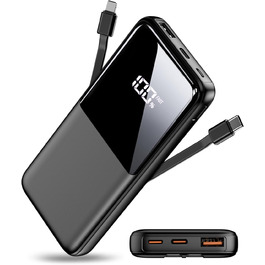 Портативний зарядний пристрій Power Bank 26800mAh з 3 портами USB та 2 вбудованими кабелями, чорний. Сумісний з iPhone, Samsung Galaxy