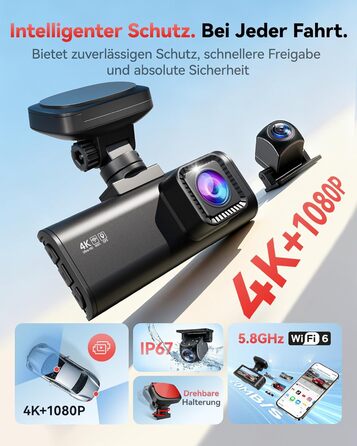 Автомобільний відеореєстратор REDTIGER F7N 4K з WiFi та GPS, передня камера 4K/2.5K, задня 1080P, кут 170°, моніторинг паркування, карта пам'яті 64ГБ у комплекті