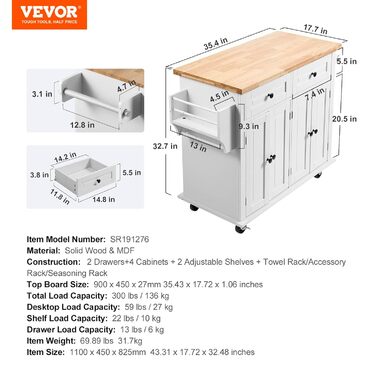 Кухонний візок VEVOR з міцної деревини, 1100x450x825 мм, 136 кг, 2 ящики, тримач для рушників, мікрохвильовий шафка