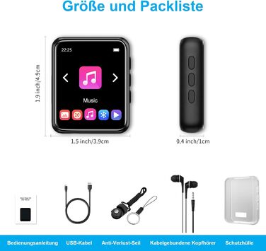 MP3 плеєр 32GB Bluetooth 5.0 з сенсорним екраном, Hi-Fi звук, радіо, диктофон, металевий корпус (Чорний)