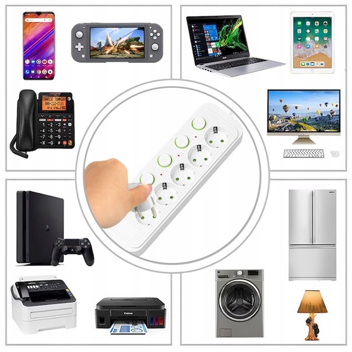 Мережевий фільтр (подовжувач) 2м: 5 розеток, 4 USB та 1 USB-C, з окремими вимикачами для кожного гнізда