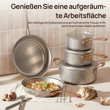 Набір каструль KOKHUB 8 предметів з нержавіючої сталі для індукційних плит, вінтажний стиль, без PFOA/PFAS/PTFE, підходить для всіх типів плит та духовки, можна мити в посудомийній машині