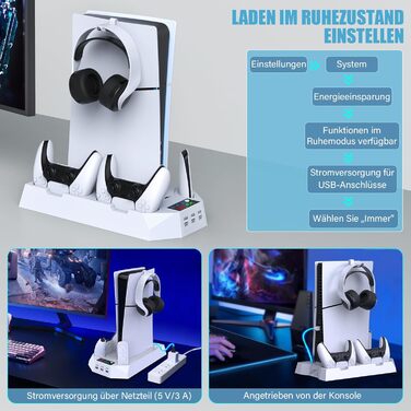 Підставка для PS5 Slim/Pro з зарядною станцією для контролера, RGB-підсвічуванням, вентилятором, тримачем для навушників та USB-хабом, чорно-біла (біла Q211)