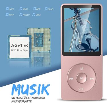 MP3 плеєр AGPTEK 64GB HiFi музичний плеєр з часом роботи до 70 годин, підтримка карт пам'яті до 128 ГБ, легкий та компактний, рожевий