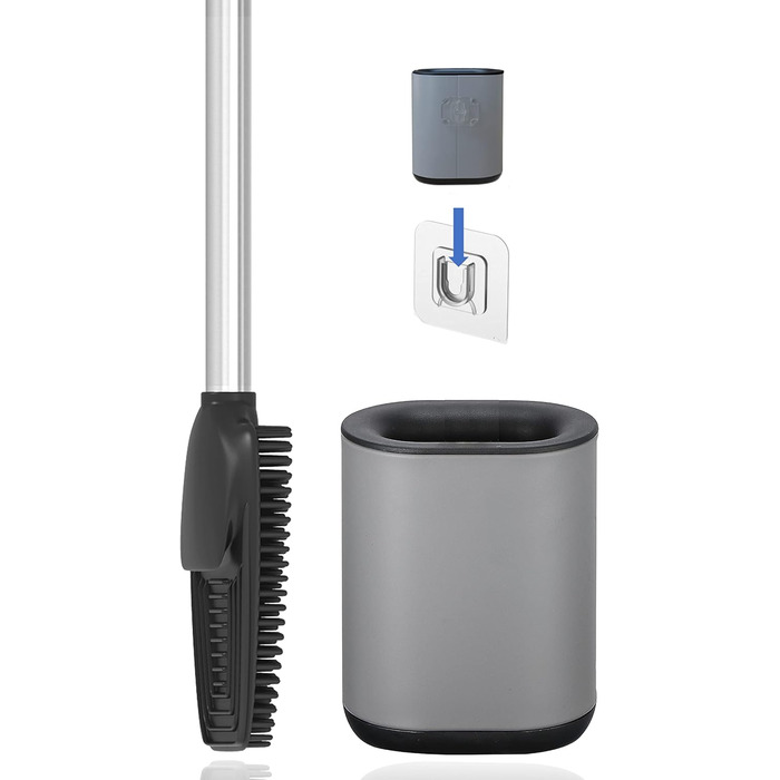 Набір для туалету 3-в-1 з силіконовою щіткою, тримачем та кріпленням на стіну, довга ручка з нержавіючої сталі, гігієнічний з ламелями та скребком, для ванної кімнати та гостьового туалету (Антрацитовий сірий)