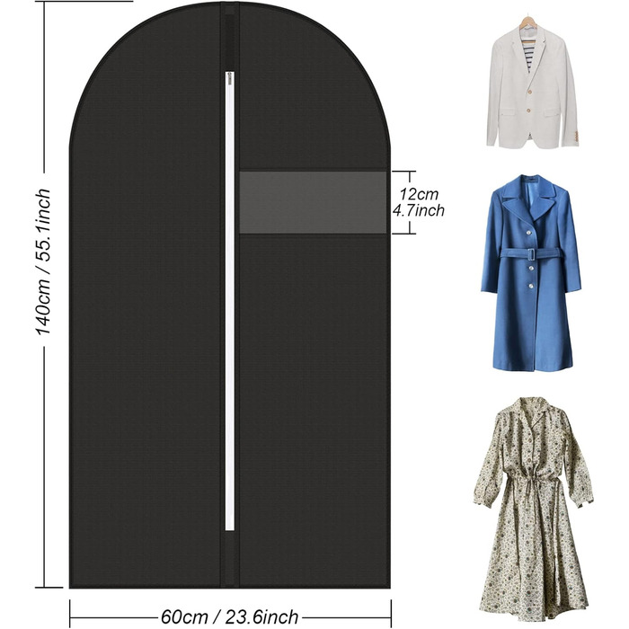 5 шт. Чохли для одягу, 60x140 см, міцні сумки для одягу з блискавкою, дихаючий матеріал, захист для костюмів, пальто, сорочок, зберігання 140x60 см