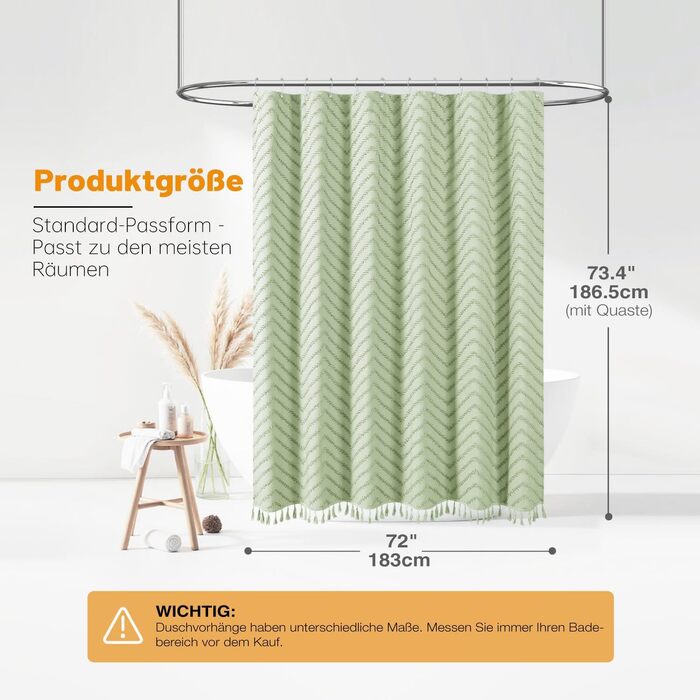 Штора для душу BTTN 180x180 см, Бохо, бежева з китицями, водонепроникна, з гачками (12 шт.)