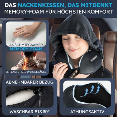 Подушка для шиї Comfy від HELDENWERK для подорожей літаком/автомобілем - Memory Foam, 6-позиційне регулювання, для дорослих, чорна