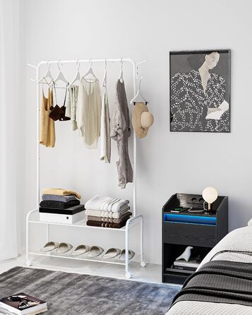Clothes rack with 2-tier shelf, 3-in-1 design, clothes stand with 4 wheels, coat rack with 4 hooks for bags, GR07499A (White)
