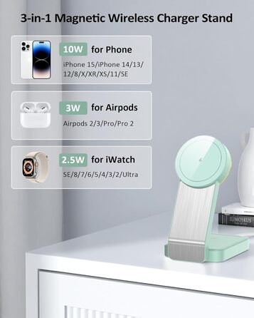 3-в-1 Станція Бездротової Зарядки з Індукцією для iPhone, Apple Watch та AirPods (Білий/Зелений)
