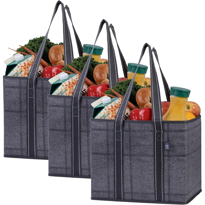 23.5 Liter Large Folding Shopping Bag, Folding Boxes with Reinforced Bottom, Reusable Shopping Bags, Holds Up to 15 kg Shopping Bag (3-Pack) (Black/Window Pane)