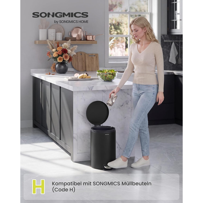 Сміттєвий відро для кухні SONGMICS з кришкою та системою Soft-Close, 20 л, чорне