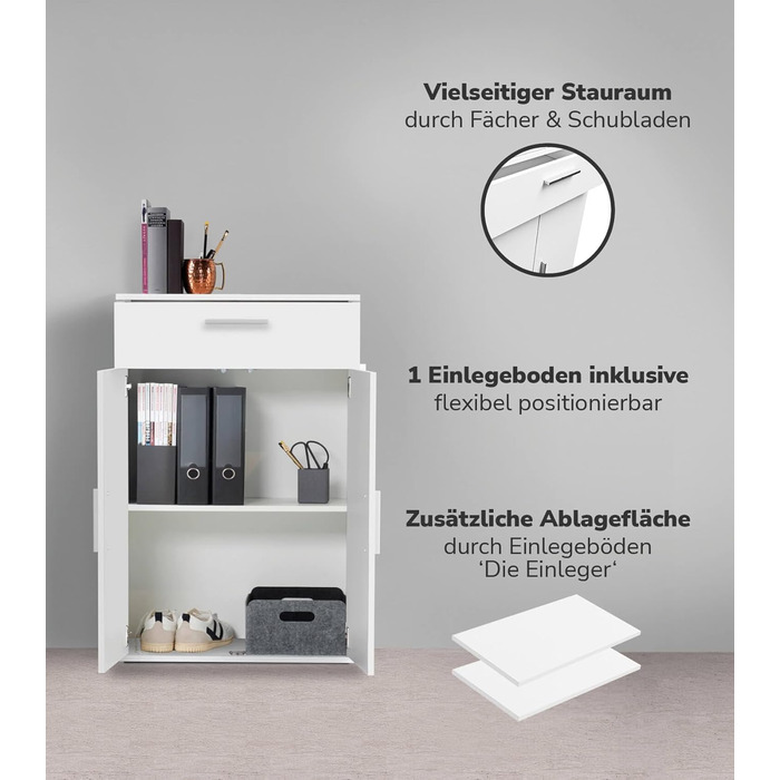 Multipurpose cabinet 60cm wide with drawers 'The Practical', small office cabinet or filing cabinet, also as a shoe cabinet or storage cabinet in 60x90x34 cm (W/H/D) in white