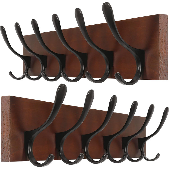 SKOLOO Coat Rack, Wooden, Carved Design, Stable Wall Hooks with 6 Hooks, 2-Pack, for Hanging Clothes, Coats, Hats, Jackets, Scarves, Backpacks, Hook Rail Wood All White 2 All White