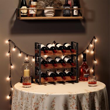 Rustic 3-Tier Stackable Wine Rack Freestanding 12 Bottle Organizer Holder Stand Countertop Liquor Storage Shelf Solid Wood & Iron 16.5