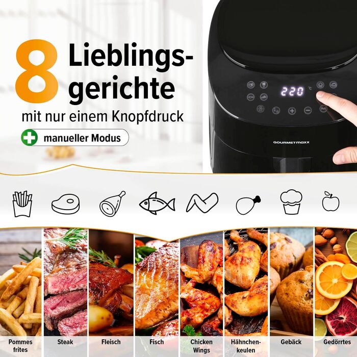 Gourmetmaxx Air Fryer - 4.5L Digital Air Fryer with Timer & Touchscreen - 9 Functions, 8 Programs, Energy-Saving, Black Mini Oven