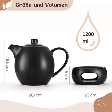 Керамічний чайник для розсипного чаю Teekanne з ситом та підставкою-підігрівачем, 1.2 л, антрацит