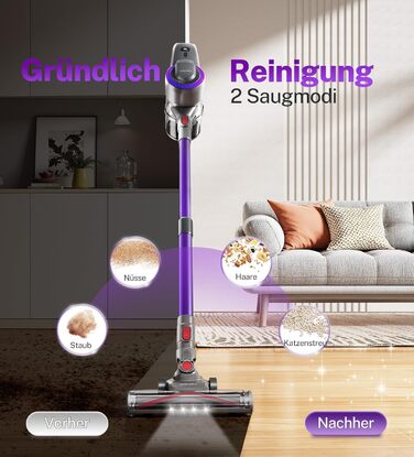 Бездротовий акумуляторний пилосос з потужністю 25000Pa, 175W, час роботи 50 хвилин. З антизаплутувальною насадкою та самостійне зберігання. Легкий ручний пилосос для твердих підлог, килимів, шерсті тварин. Колір: Taro-violett