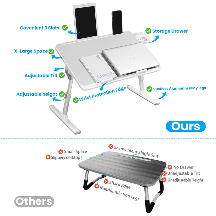 Зручний складаний столик для ноутбука в ліжко з підставкою для планшета, ящиком для зберігання та силіконовими підлокітниками – ідеально для роботи, письма, їжі та малювання