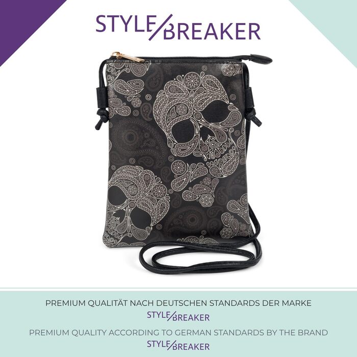 Сумка міні styleBREAKER з принтом Череп Цукру (Sugar Skull) чорно-біла - кросбоді, через плече для телефону, готична фестивальна 13,5 x 19 см
