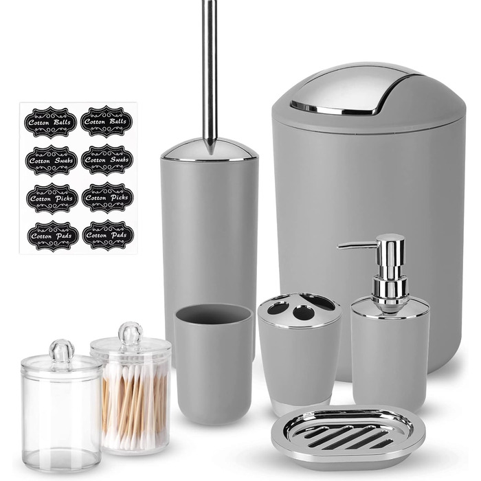 Набір аксесуарів для ванної кімнати Fixwal 8 шт. з пластику (сірий): мülleimer, тримач для зубних щіток, мильниця, диспенсер для мила, тримач для туалетного паперу, диспенсер для ватних паличок