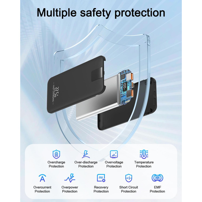 Powerbank 10000mAh 22.5W з LCD-дисплеєм: швидка зарядка, 3 виходи, 2 входи (USB-C), чорний