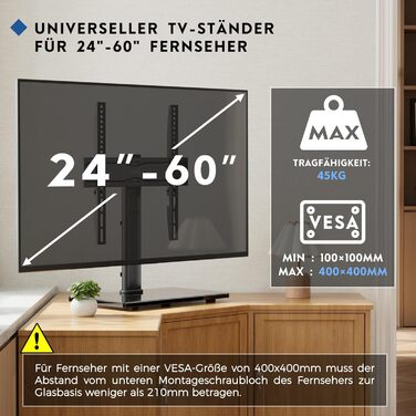Підставка для телевізора Bontec, регульована по висоті, для LCD, LED, OLED (24-60 дюймів), VESA 400x400 мм, 45 кг, скло, кабелеуправління, чорний