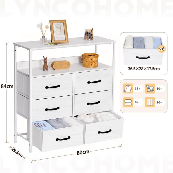 LYNCOHOME Chest of Drawers, Fabric Chest of Drawers, TV Stand Sideboard with 6 Fabric Drawers, Storage Cabinet Bedroom Drawer Chest Kitchen Organizers Furniture for Office Hallway (White-826)