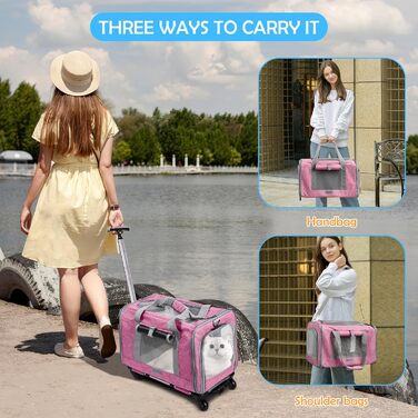 Переноска для тварин ALLSOPETS з колесами для котів та собак, схвалена для авіаперельотів, з висувним ручками, знімними колесами та плечовим ременем, рожева