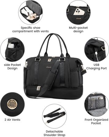 Спортивна сумка LOVEVOOK для подорожей: жіноча дорожня сумка-мішок, weekender, з органайзером, відділенням для взуття та мокрих речей, водонепроникна, 42L, чорна