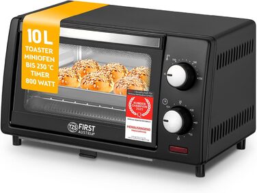Міні-піч TZS First Austria 10L з регулюванням температури до 230°C, таймером 60 хв, 2 рівнями та решіткою для гриля - для маленької кухні та кемпінгу