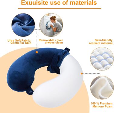 Подушка для шиї, 100% Memory Foam, U-подібна, легка, портативна, для подорожей (синя)