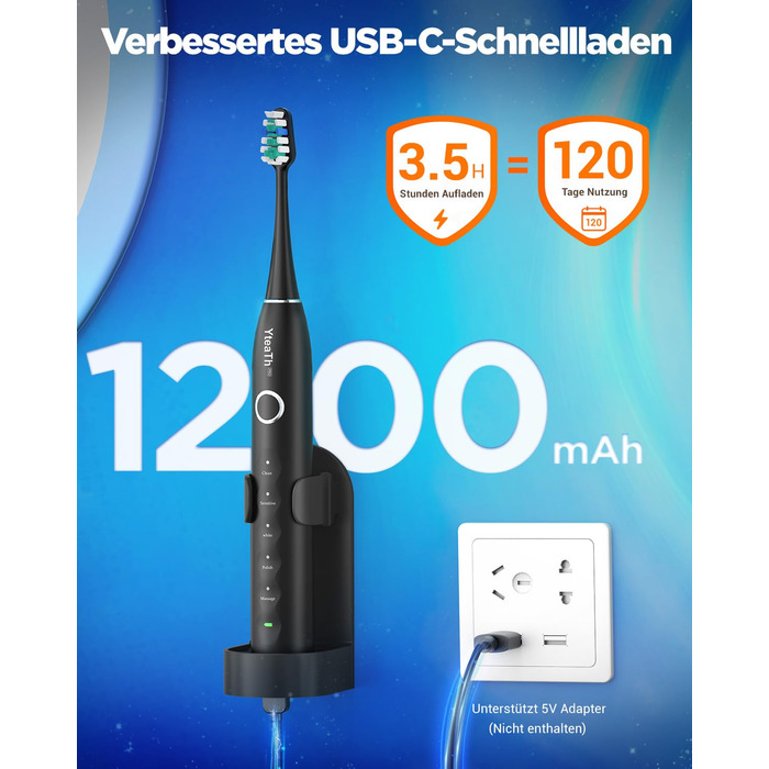Електрична зубна щітка зі звуковими вібраціями, 8 насадок (3 типи), таймер, 120 днів роботи від акумулятора, 5 режимів чищення, чорний колір, для дорослих, з зарядною станцією