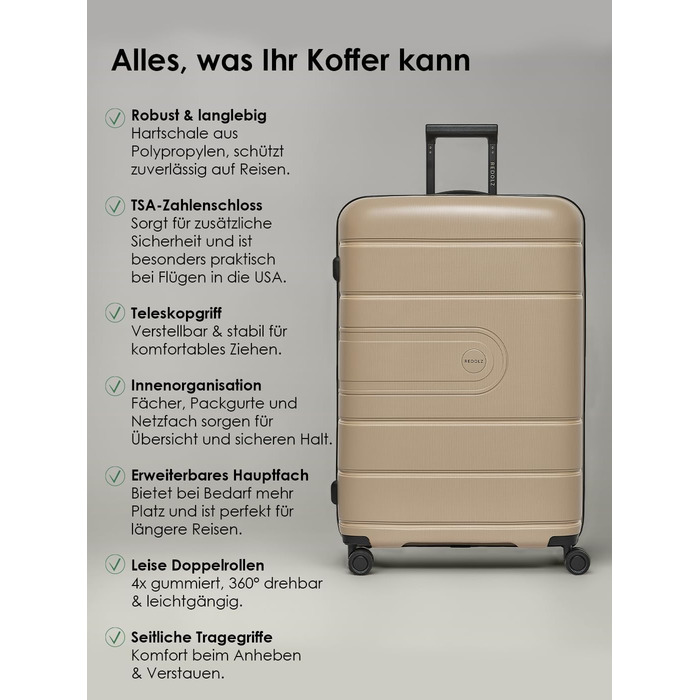 Набір валіз REDOLZ 3 шт. | Розширювані, з TSA-замком, з поліпропілену | Розміри: 6 см, 4 колеса | Beige (Essentials 11)