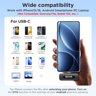 Мікрофон BOYA BY-V10 USB-C: Бездротовий мініатюрний мікрофон з шумозаглушенням для Android, смартфонів, ноутбуків, YouTube, подкастів, Facebook, Vlogging
