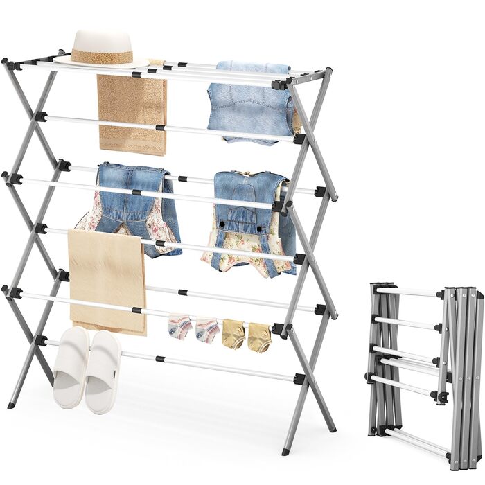 Складаний сушильник для білизни з 11 перекладинами, 3-ярусний, сірий та білий