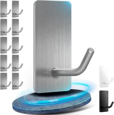 Набір тримачів для рушників без свердління, 10 шт. Самоклеючі гачки з нержавіючої сталі 304, надміцні, для великих предметів, настінні гачки для ванної, туалету та кухні, стійкі до корозії, срібні