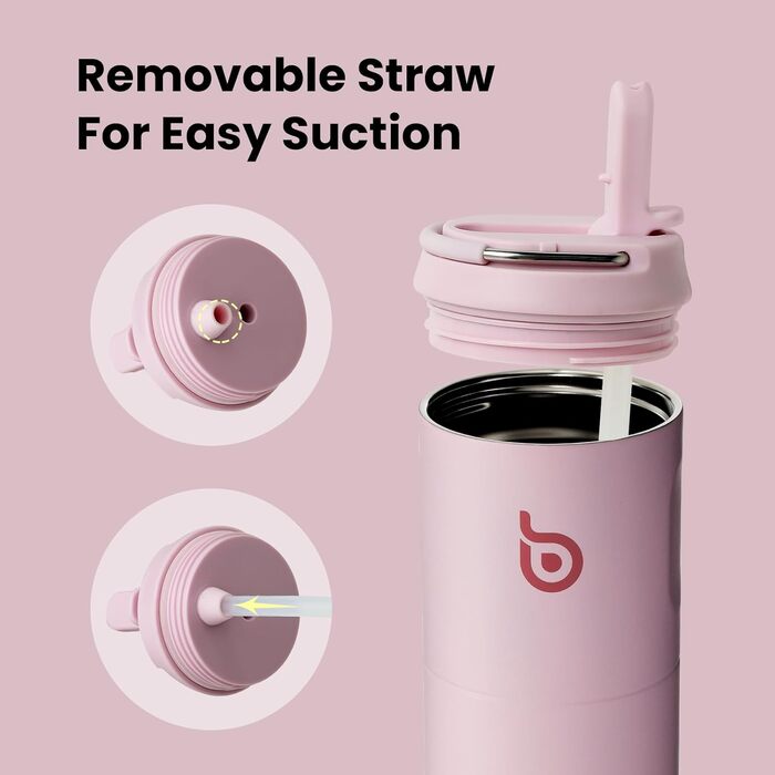 Пляшка для води BOTTLE BOTTLE 750 мл з соломинкою, кришкою та ручкою - не протікає, BPA-free, подвійні стінки, рожева. Ідеальна для спорту, подорожей та фітнесу.