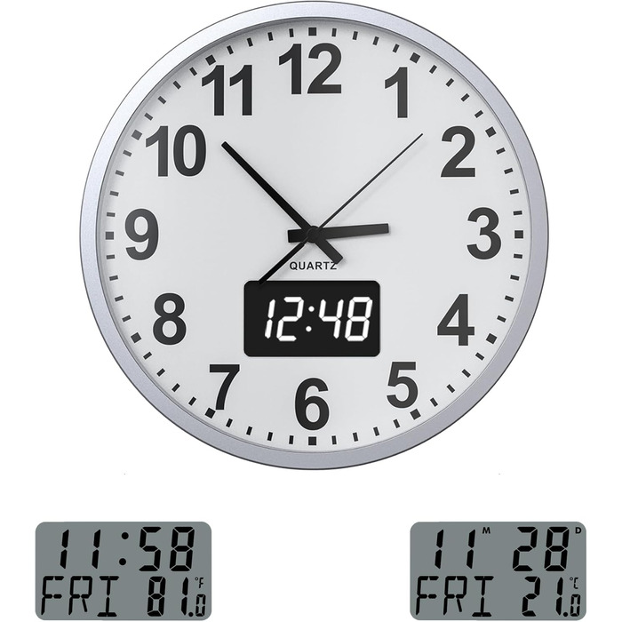 KWANWA Modern Wall Clock with No Ticking Sound • Digital LCD/LED Display • Calendar & Temperature • Battery Powered • 30.5cm • 12h Format, Perfect for Kitchen, Bedroom & Office (Silver-White LED)