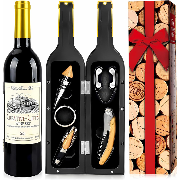 Набір з 5 викруток для вина з форми, аксесуари для вина, подарунковий набір, викрутки сомельє з відкривачем, кришки для пляшок (Золота пляшка 001)